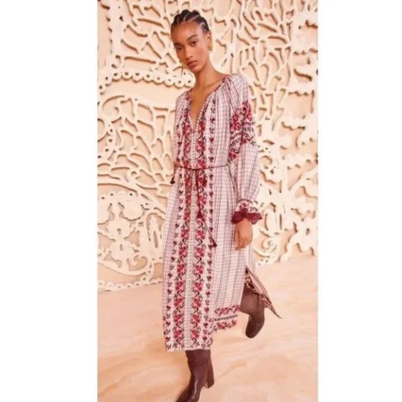 Ulla Johnson Filia Midi Embroidered Check Dress Boho Peasant - Picture 1 of 10